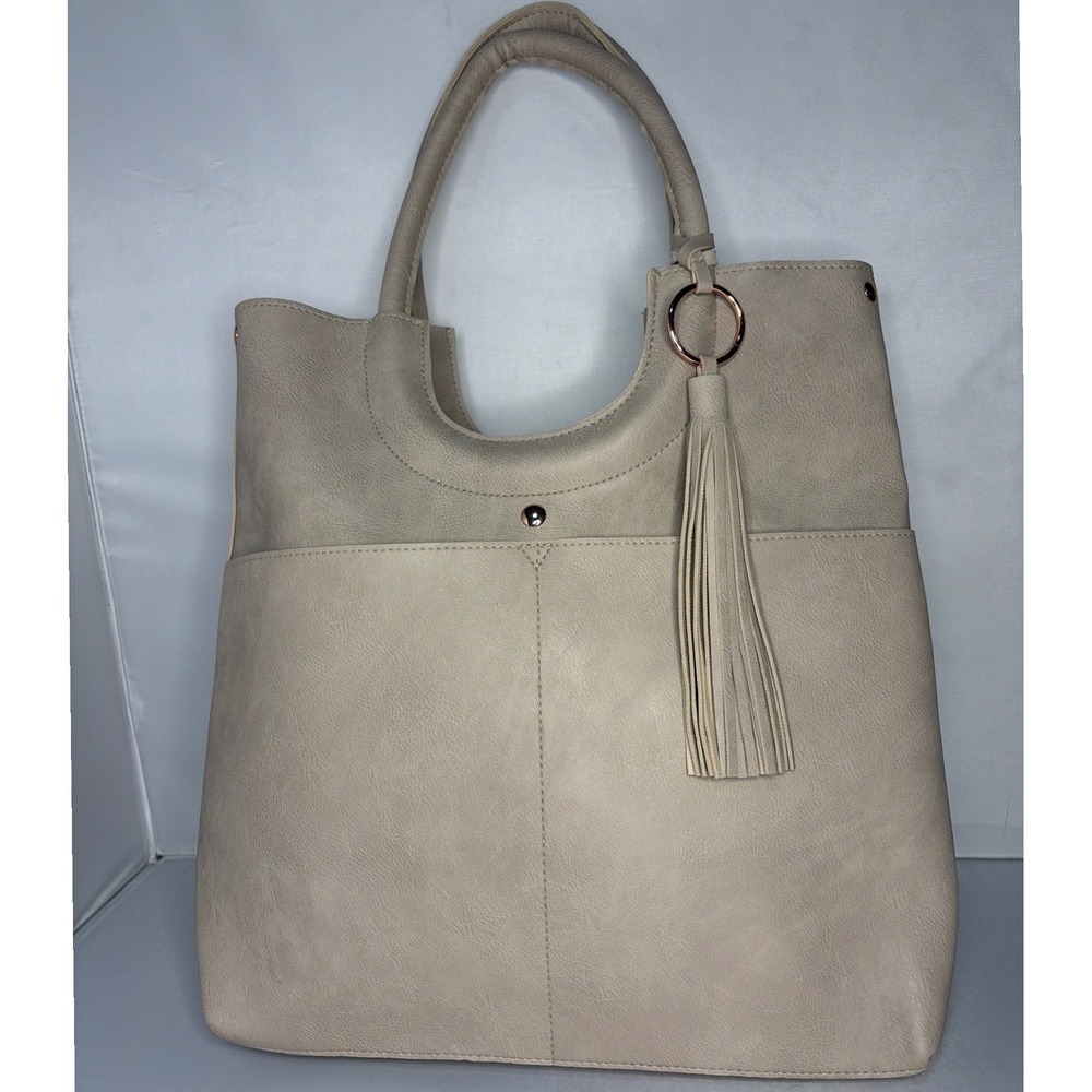 Ulta Beauty Beige Faux Leather Large Tote Bag with Tassel Rose Gold Hardware